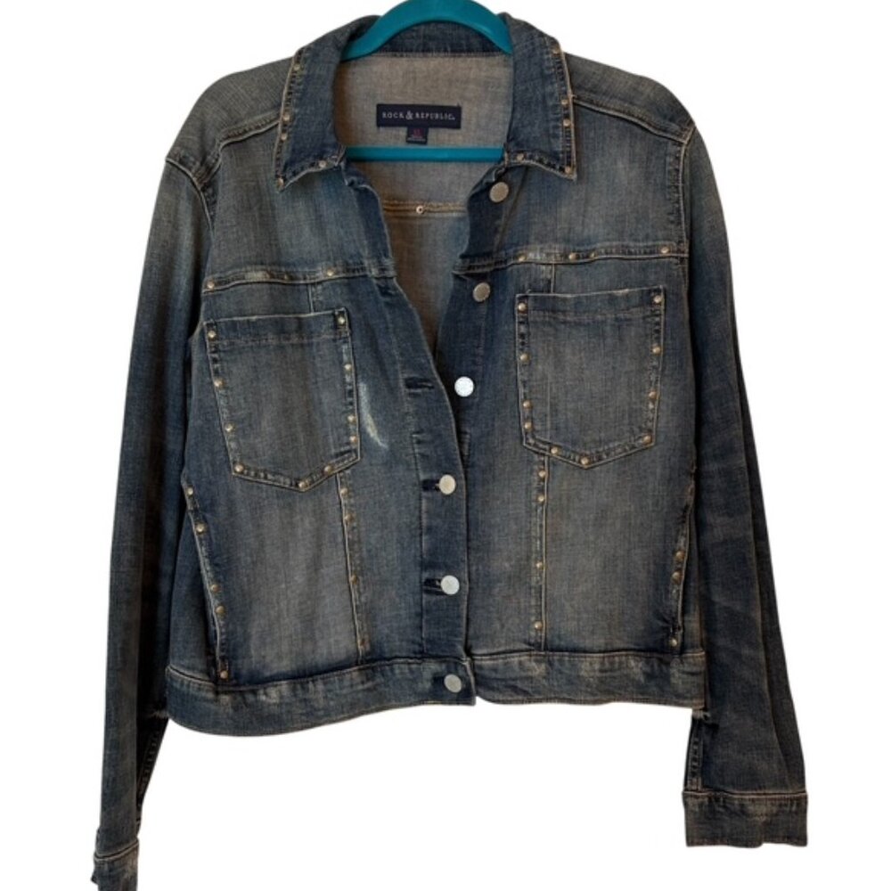 Rock & Republic RUNAWAY distressed, studded Denim Jean Jacket, Women's XL